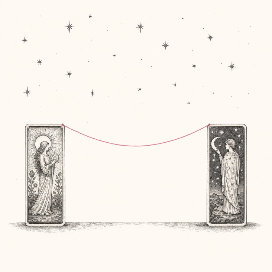 Two engraved tarot cards connected by a single rose thread arcing across a starry sky