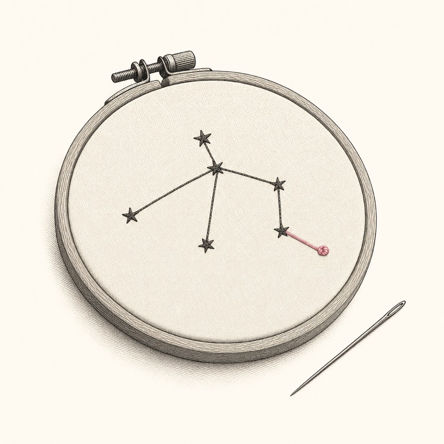 An engraved embroidery hoop with a constellation stitched in thread, finished with a rose knot