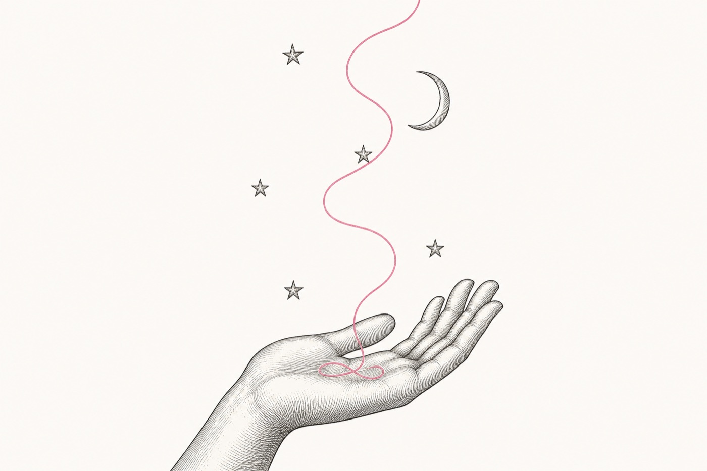 An engraved hand holding a rose thread that winds up among stars and a crescent moon