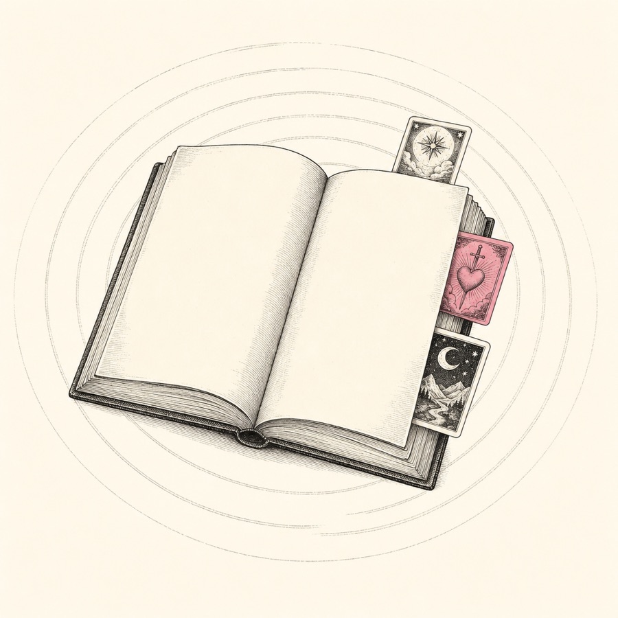 An engraved open journal with tarot cards tucked between the pages like bookmarks