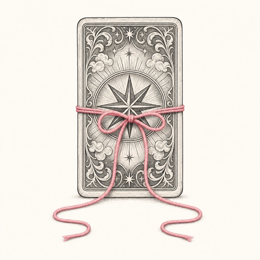 An engraved tarot card tied with a loose rose thread in a soft bow